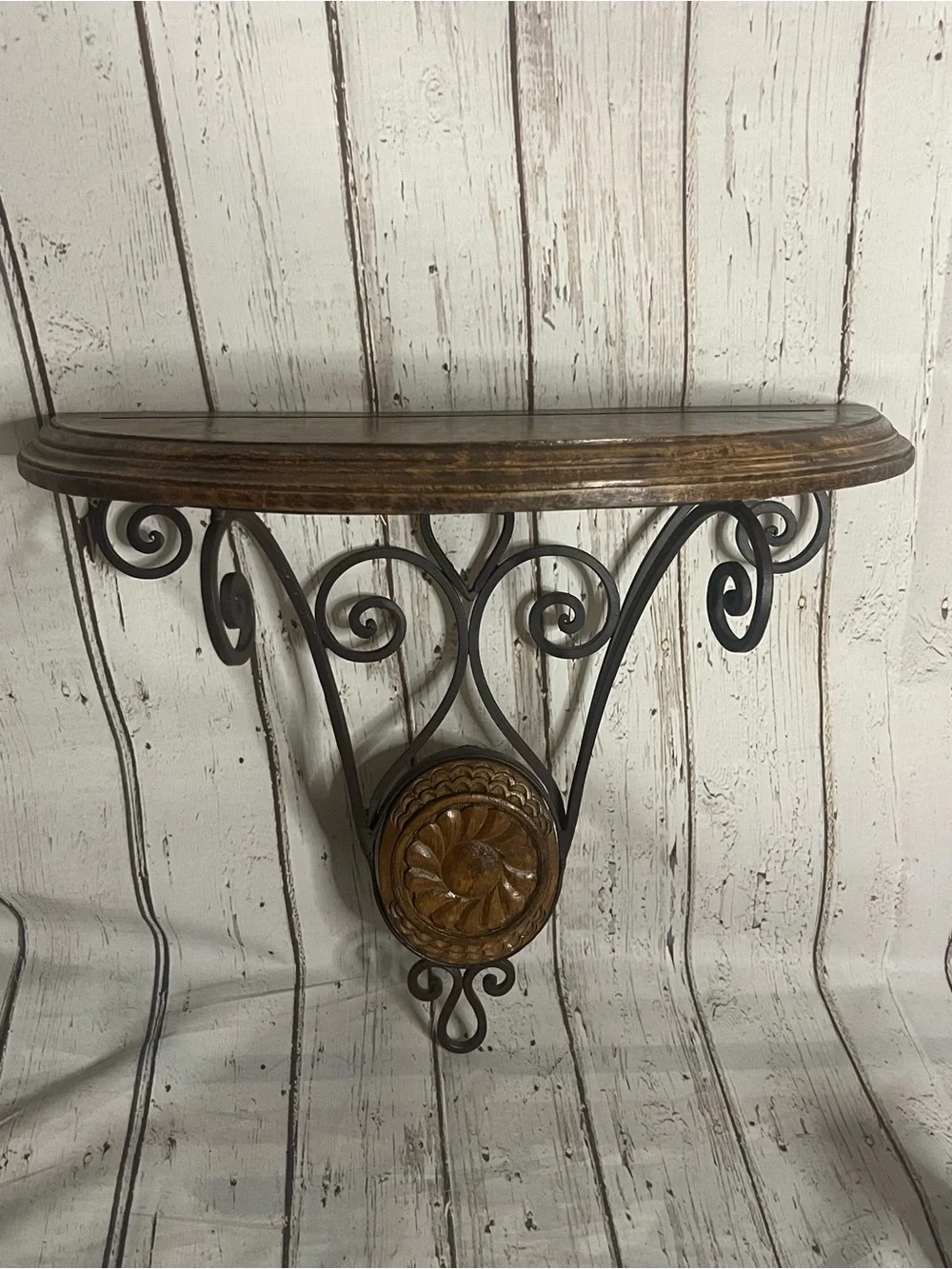 Vtg Half Moon Wood Wall Shelf Scrolled Wrought Iron Ornate Home Decor